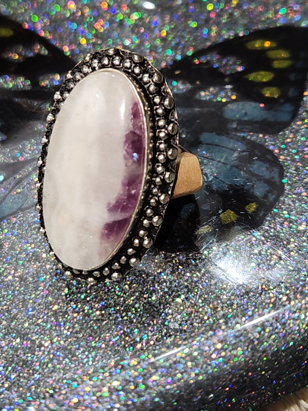 Stunning,Sparkly, Oval White & Purple Utah Tiffany Stone Ring/Silver Beaded Halo
